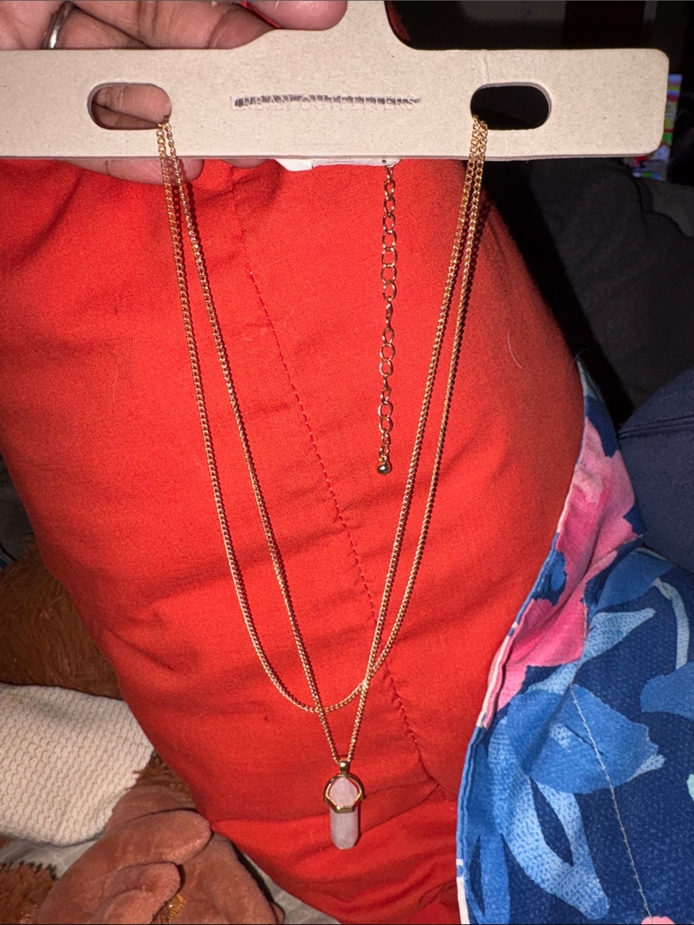 Urban Outfitters Gold Double-Layer Necklace with Pink Stone Pendant